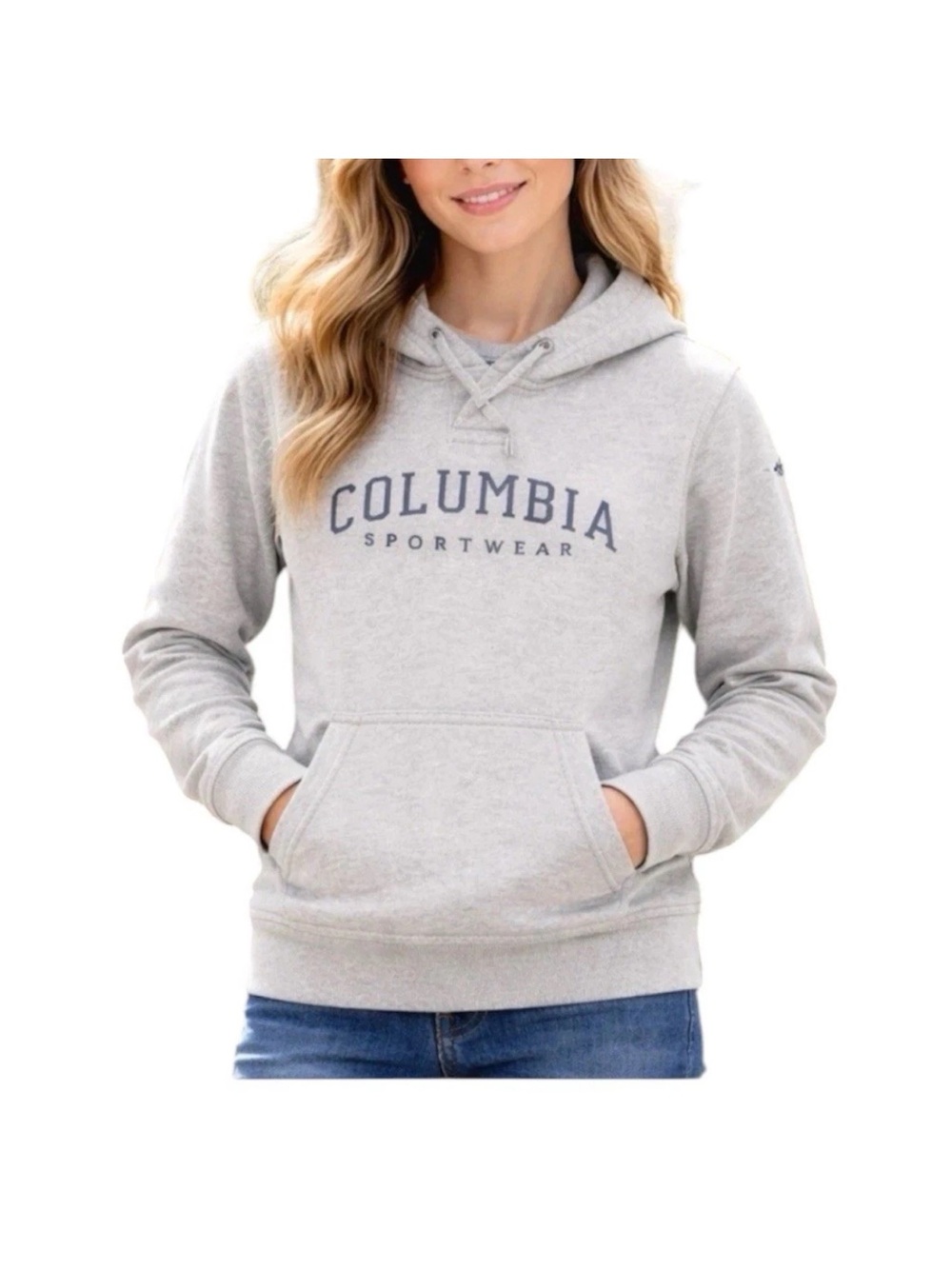 Columbia Hoodie Womens Small Gray Pullover Sweatshirt Spell Out Logo Outdoor S